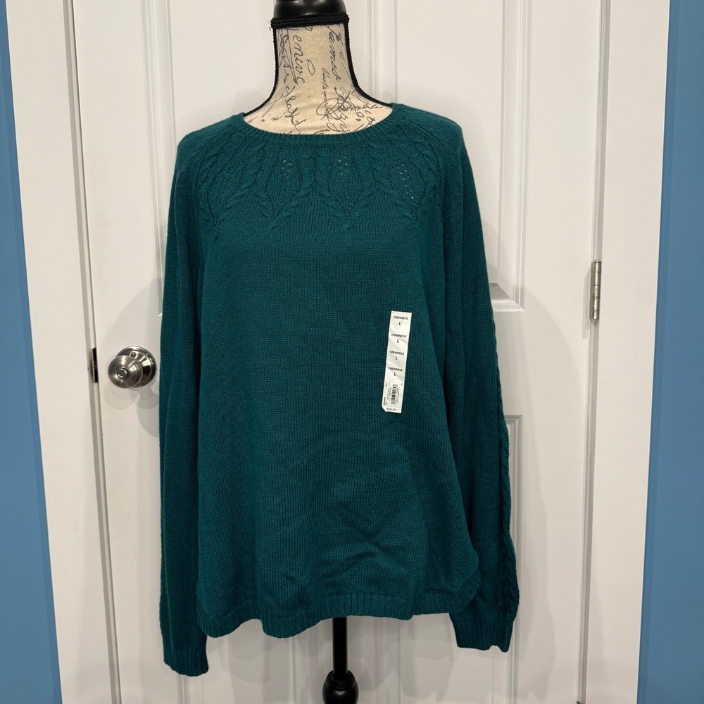 Sonoma Womens Teal Green Pointelle Cable Knit Crewneck Sweater Size Large